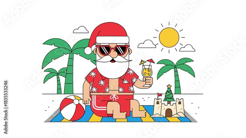 Santa Claus in red suit on beach with cocktail sandcastle palm trees sun
