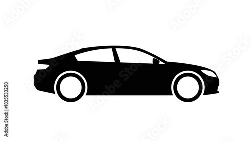 Side view of a black car silhouette with white outlined wheels