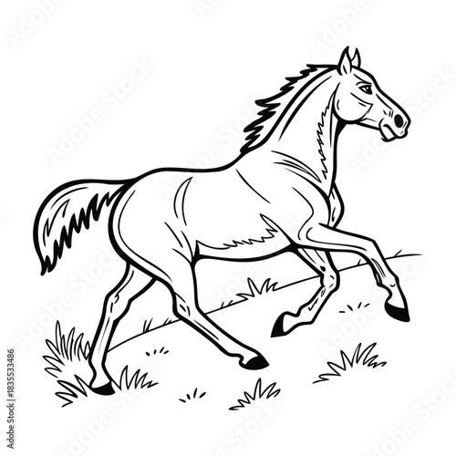 Line art illustration of a horse in motion, capturing its speed and grace on a white background. Vector
