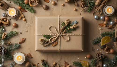 Eco-Friendly Christmas Gift Box Flat Lay with Natural Pine & Wooden Ornaments