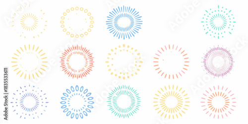 Collection of pastel colored hand drawn sunbursts and radial ornaments on white