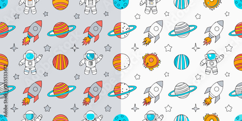 Seamless space pattern with astronauts planets rockets and stars