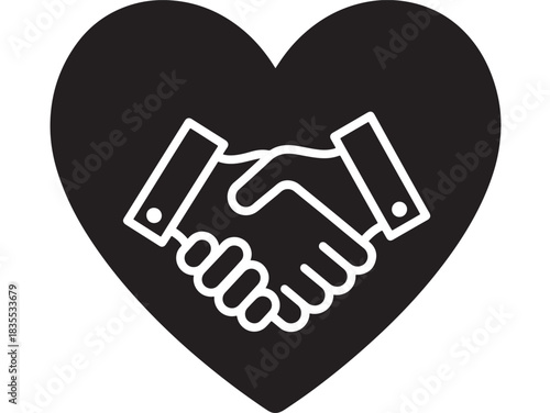 Elegant white line art handshake icon centered inside a solid black heart shape symbolizing trust partnership and care in business relations