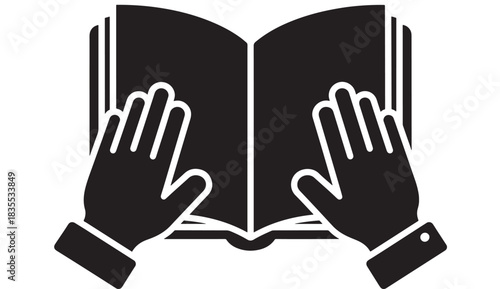Elegant black and white icon depicting two hands holding an open book for reading study or taking an oath presentation