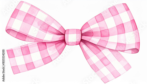 Watercolor painting of cute pink gingham bow, hand-drawn style, isolated on white background