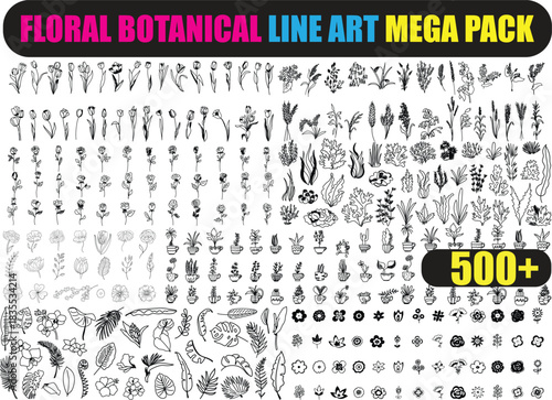 Mega pack bundle, 500 floral botanical line art vector bundle, hand drawn flower leaf sketch, black white plant set