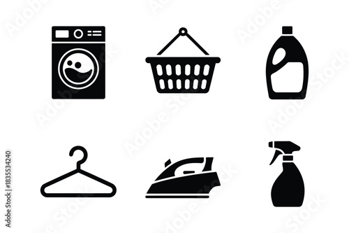 Laundry icons set featuring washing machine basket iron and detergent