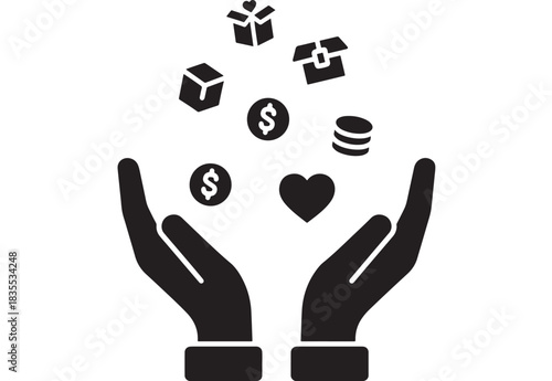 Elegant concept of giving and receiving financial support charity donations and heartfelt care symbolized by floating icons above open hands