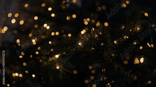 Christmas tree branches adorned with bright yellow bokeh lights at night