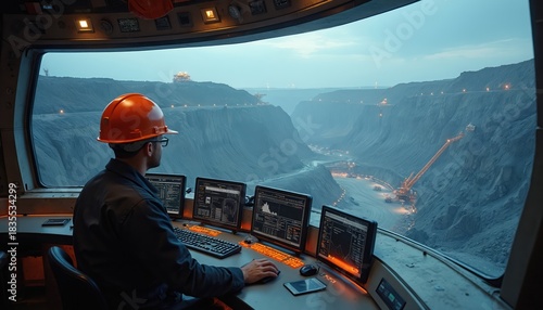 Engineer wearing orange helmet works in control room overlooking massive open-pit mine. Monitors multiple computer screens showing data, graphics. Mining operation with heavy machinery visible in
