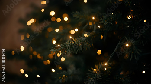 Close up of christmas tree with lights and dark blurred background