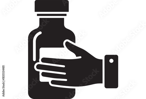 Professional hand holding or presenting a medicine bottle or pharmaceutical container icon representing dispensing or purchase