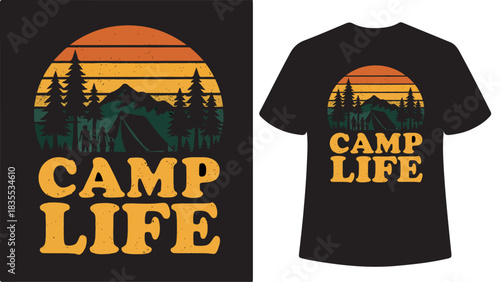 Vintage camp life sunset mountain trees t-shirt design