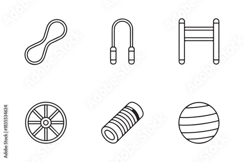 Collection of simple line art icons for fitness and exercise equipment