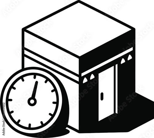 Kaaba muslim pray icon with clock shows qibla direction prayer times for mecca pilgrimage and islamic worship