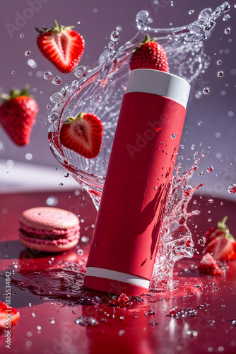 Fresh strawberries splash around a red face cream bottle with pink macarons on a wet surface in bright light at a studio setting