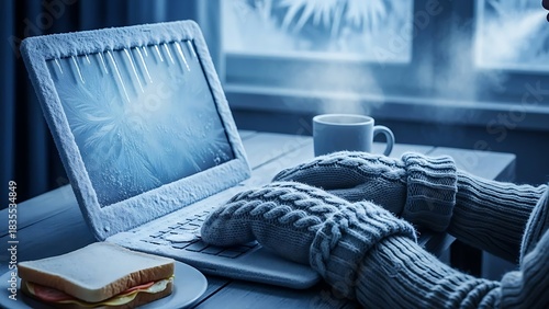 Frozen laptop covered in ice with person wearing gloves typing in cold room