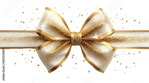 Elegant gold and white ribbon bow with glitter isolated on transparent background