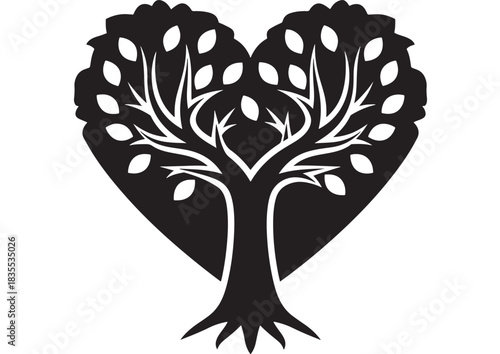 Stunning black and white silhouette of a vibrant tree growing perfectly within a heart shape symbolizing love and nature connection