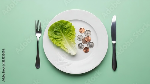 Lettuce leaf and coins on white plate representing food inflation and budget