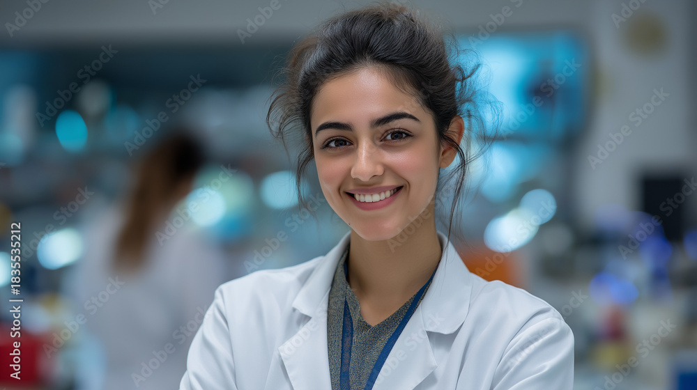 Fototapeta premium Smiling Female Scientist in Laboratory Coat Conducting Biomedical Research with Microscope - Female Biochemist in Healthcare Environment