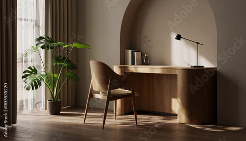 A minimalist home office with a wooden desk, modern chair, and large Monstera plant.