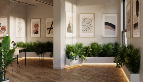 Modern interior design with abstract art, wooden floors, and lush green plants in a bright, contemporary space.