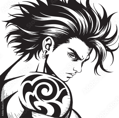 A dramatic black and white illustration of a young man's face and shoulder, featuring sharp features, wild hair, and a prominent tribal tattoo.