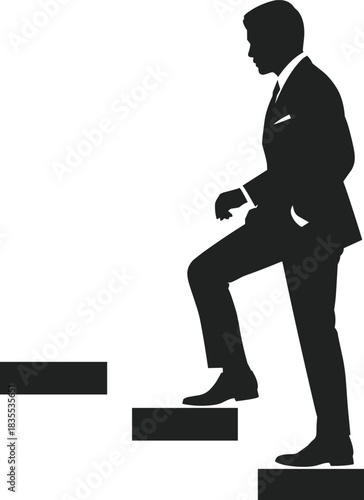 Black silhouette of a confident man taking a step up stairs, symbolizing personal development, career progress, overcoming challenges, and ambitious future goals on a clean background.