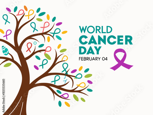 World Cancer Day Illustration Featuring a Tree With Ribbons and Colorful Leaves February 4th