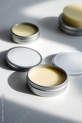 Containers hold different types of balm on a white surface with soft light shining from one side in the afternoon