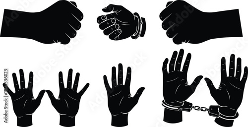 Collection of Open, Clenched, and Handcuffed Hands Vector Icons Representing Freedom, Constraint, Arrest, and Power or Protest Graphics.
