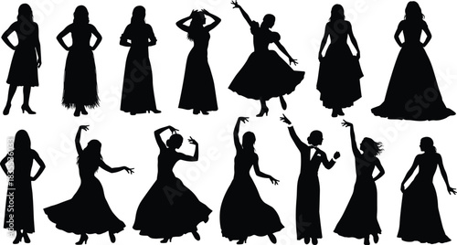 Diverse Poses of Women in Long Gowns and Dresses, Representing Dance, Fashion, and Formal Evening Attire Isolated on White.