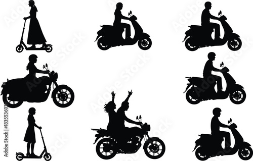Diverse People Riding Mopeds, Electric Scooters, and Motorbikes Vector Icons for Transportation and Leisure Travel.