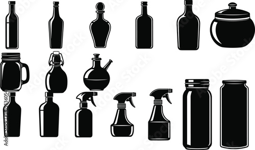 Diverse Set Including Mason Jars, Wine, Liquor, Spray Bottles, and Can Vector Icons for Packaging and Beverage.