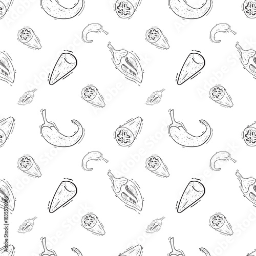 Hand drawn chili pepper seamless pattern, hot chili pattern vintage background