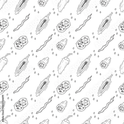 Hand drawn chili pepper seamless pattern, hot chili pattern vintage background