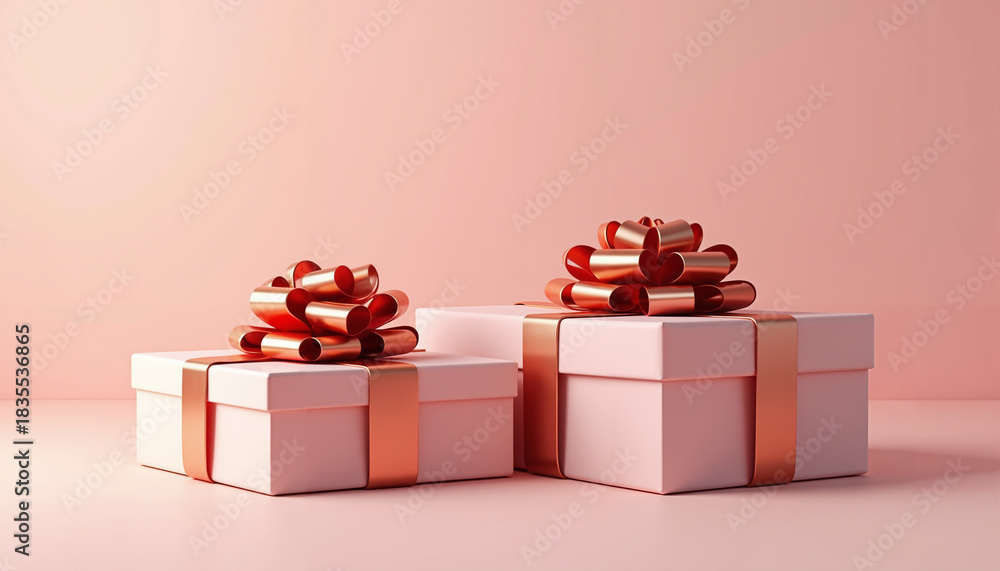 Obraz premium Pink gift boxes with decorative bows on pastel pink background with copy space for text