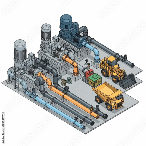 Isometric illustration of an industrial pumping station with heavy machinery and piping systems.