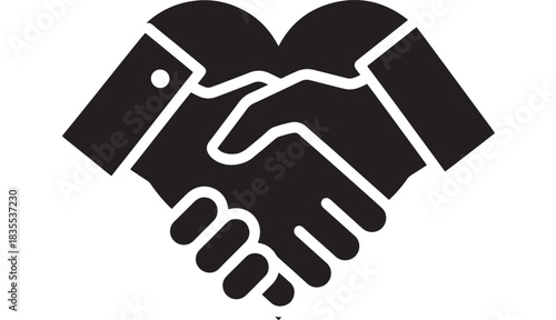 Stunning black and white icon symbolizing heartfelt business partnership agreement and mutual trust sealed with a handshake above a heart shape