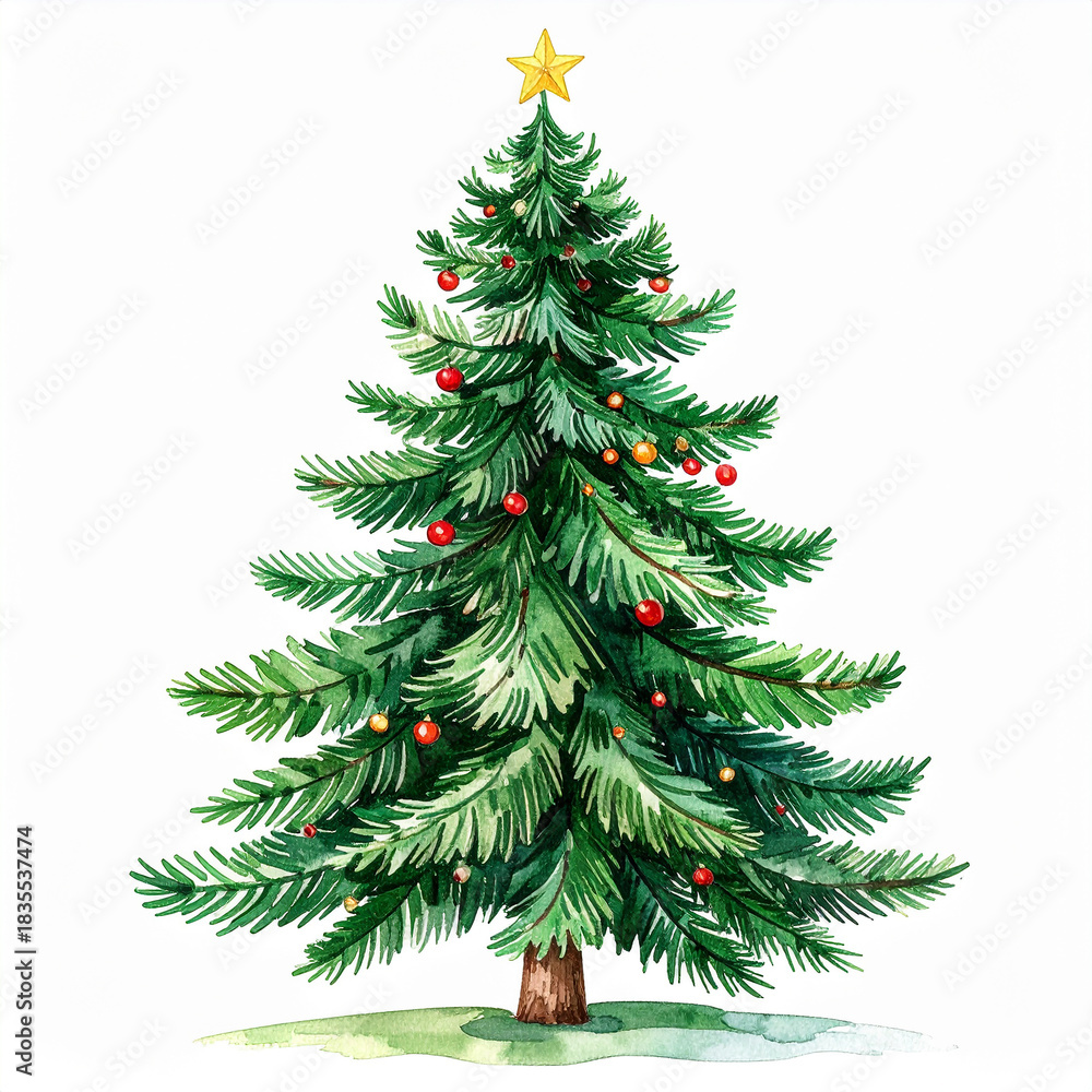 Fototapeta premium Watercolor painting of festive fir tree, hand-drawn style, isolated on white, branches and ornaments