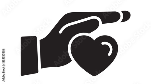 Elegant black silhouette icon representing offering care and genuine human kindness through a simple hand holding a perfect heart symbol