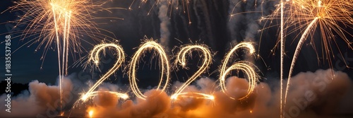 Celebrating the year 2026 with fireworks display in the night sky