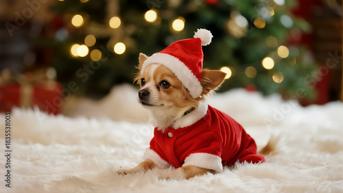 An adorable dog wearing a Santa costume sits calmly on a soft rug in front of a warm blurred Christmas tree