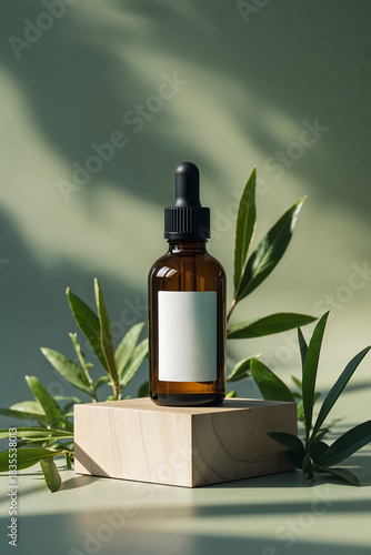 Glass bottle with dropper on wooden block surrounded by green leaves in natural light setting