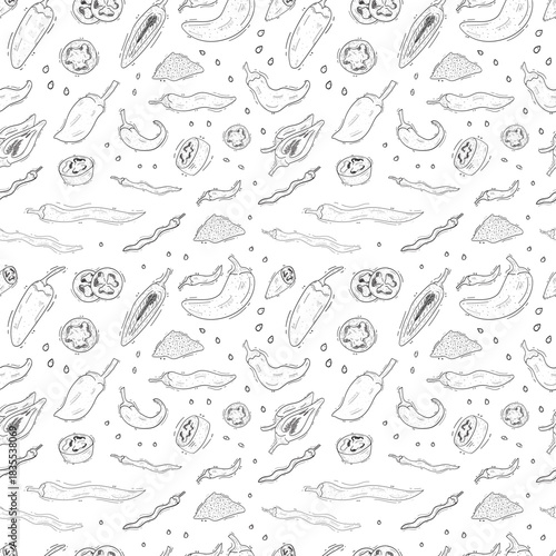 Hand drawn chili pepper seamless pattern, hot chili pattern vintage background