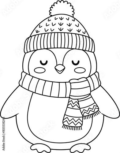Adorable happy winter penguin wearing a cozy striped scarf and knitted bobble hat, standing with closed eyes; charming black and white cartoon vector illustration for kids' coloring pages.