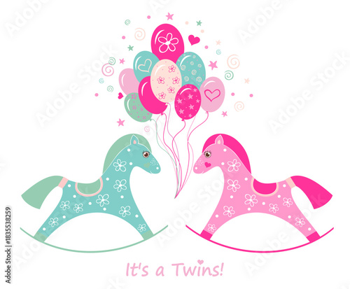 It's  Twins! Baby shower card. Invitation template with lettering, Balloons and cute rocking horse. Vector illustration