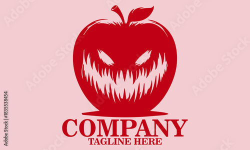 illustration vector sinister red apple with a menacing face,  red apple with a menacing face logo design