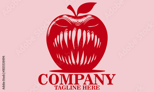 illustration vector sinister red apple with a menacing face,  red apple with a menacing face logo design